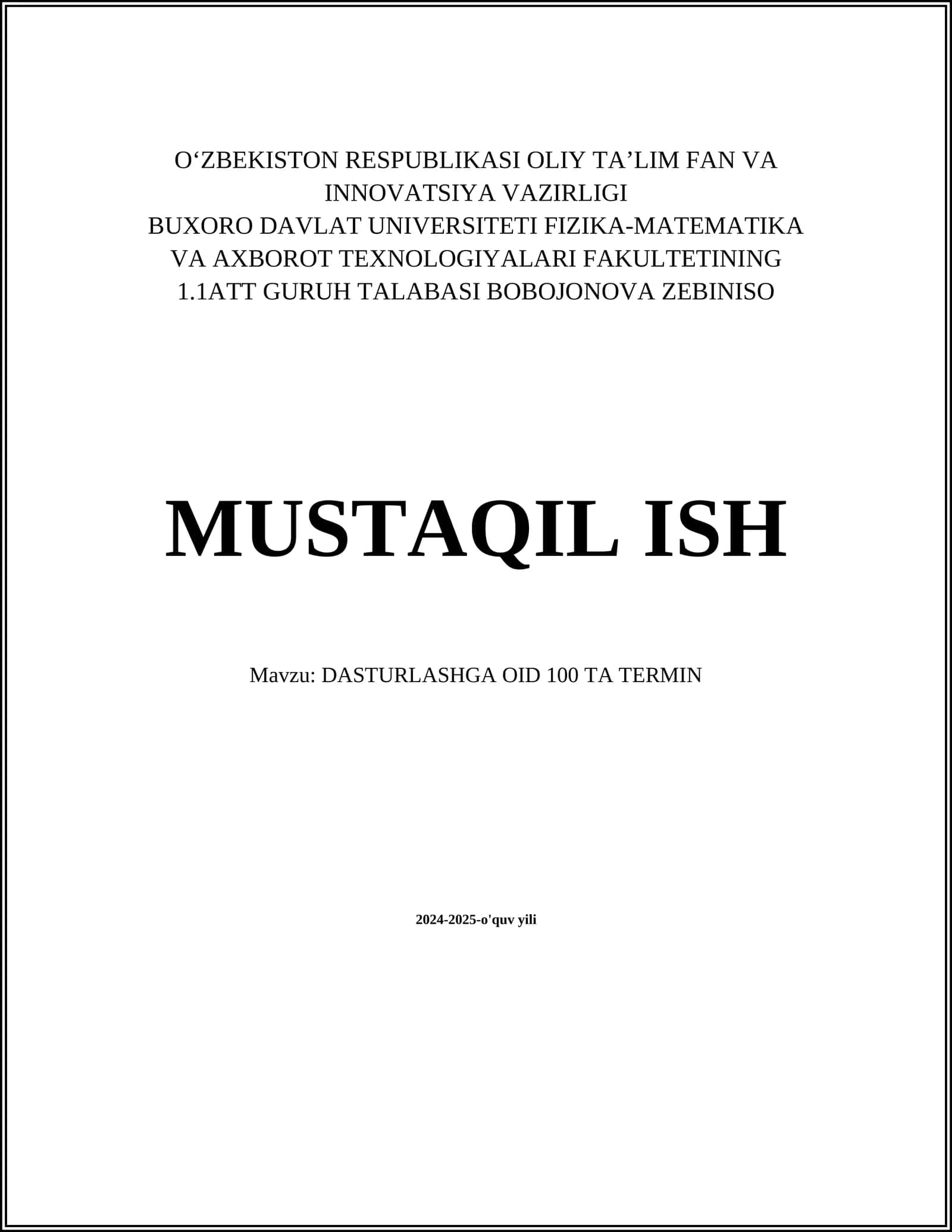 DASTURLASHGA OID 100 TA TERMIN 1