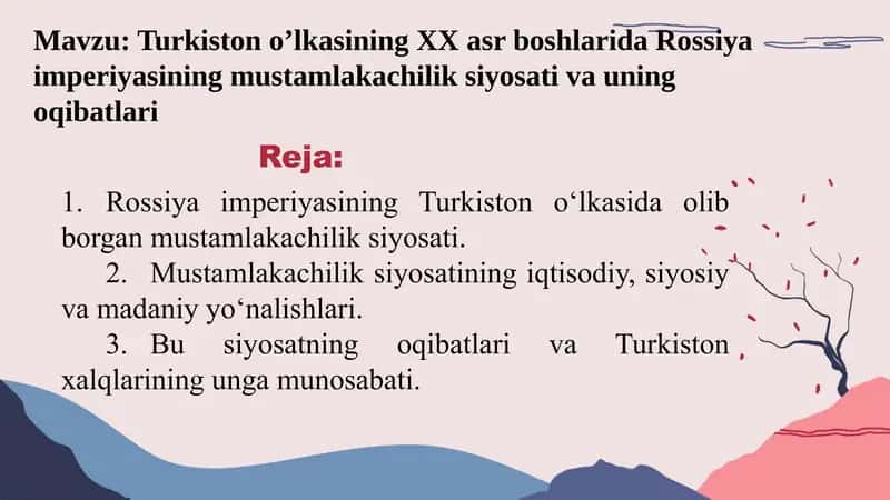 Rossiya imperiyasining Turkiston o’lkasining XX asr boshlarida mustamlakachilik siyosati 1