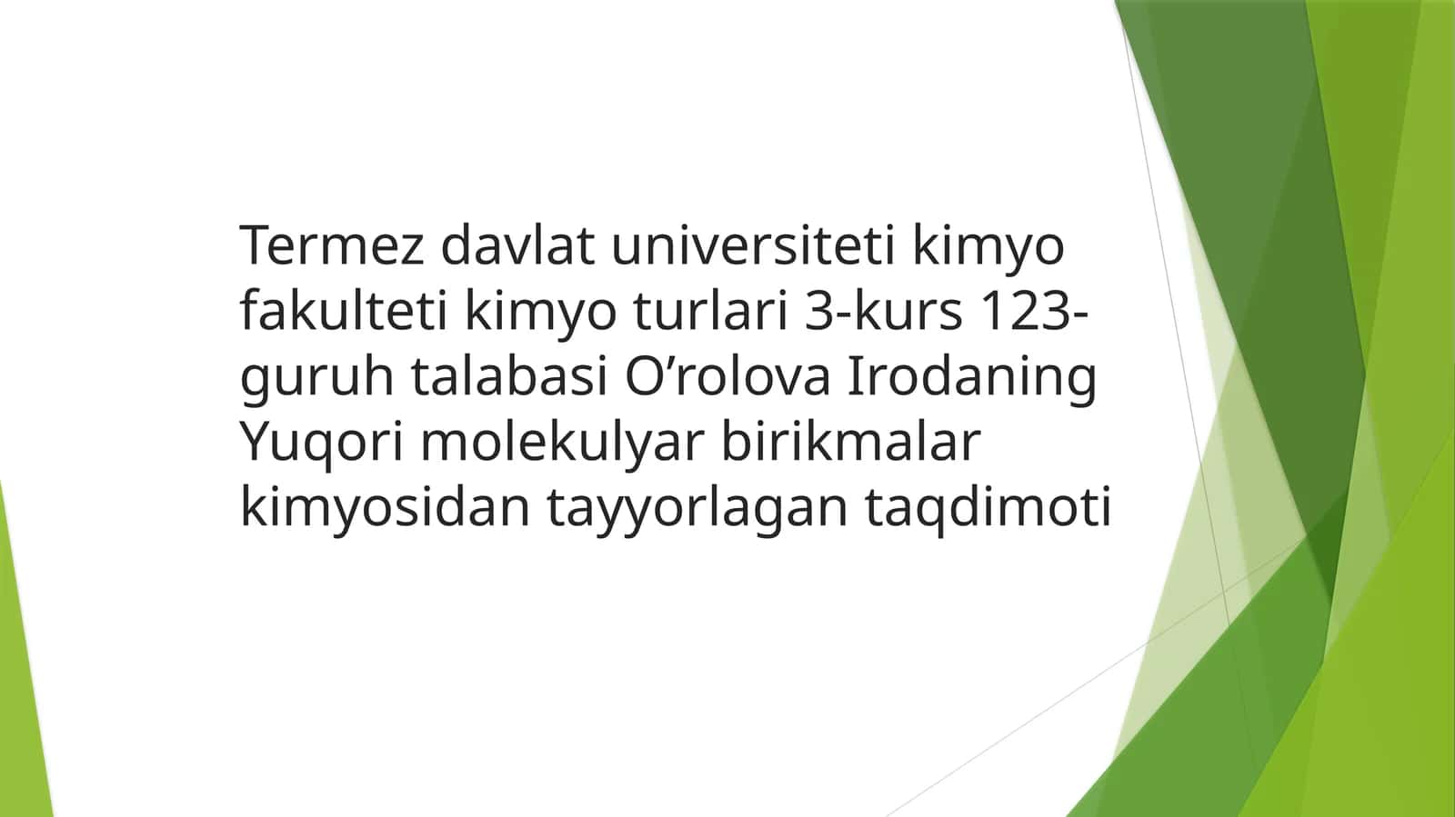 Yuqori molekulyar birikmalarning kimyosidantayyorlagan taqdimoti 1