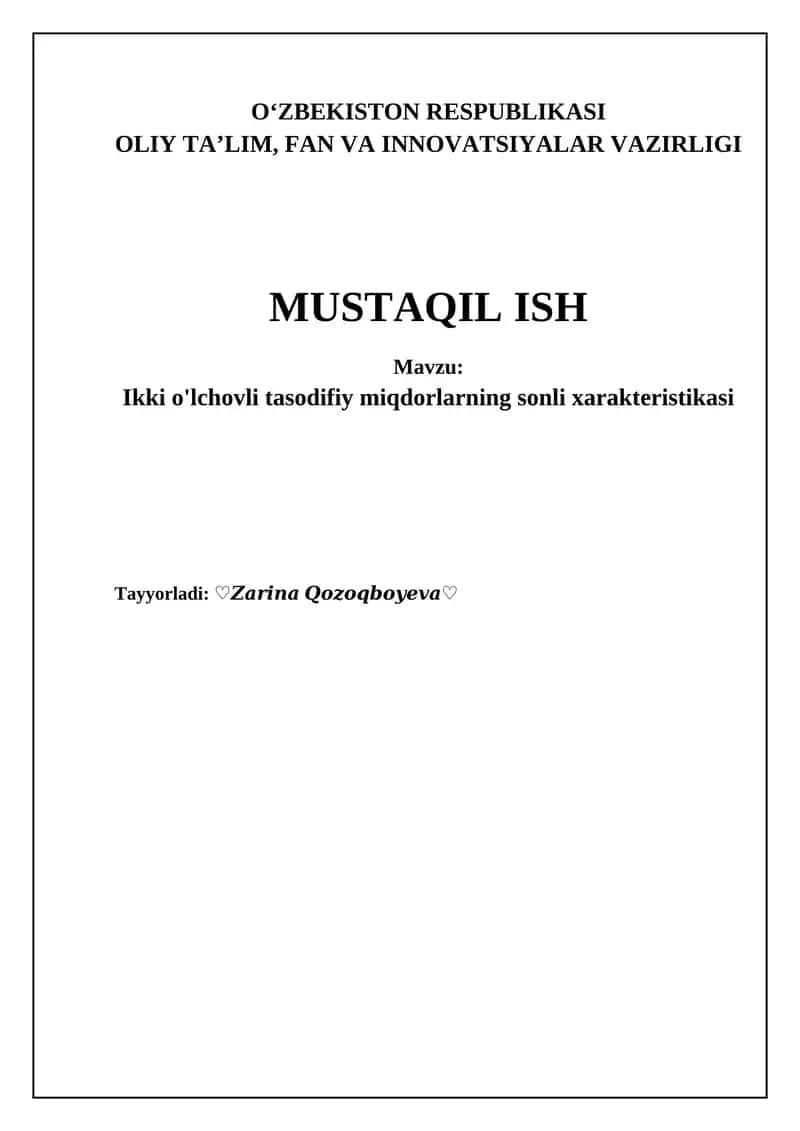 Ikki o'lchovli tasodifiy o'zgarchi miqdorlar 1