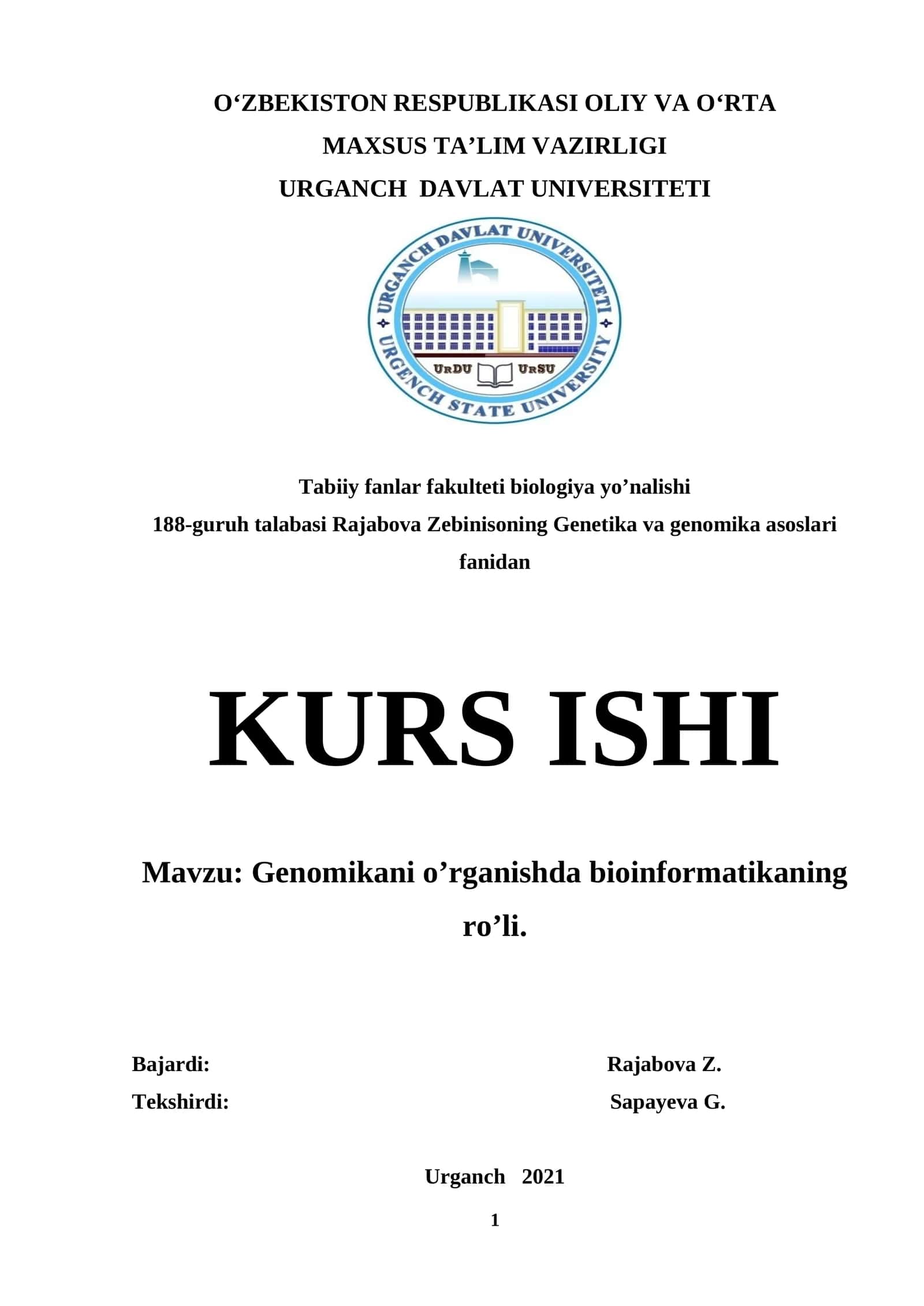 Genomikani o’rganishda bioinformatikaning ro’li 1