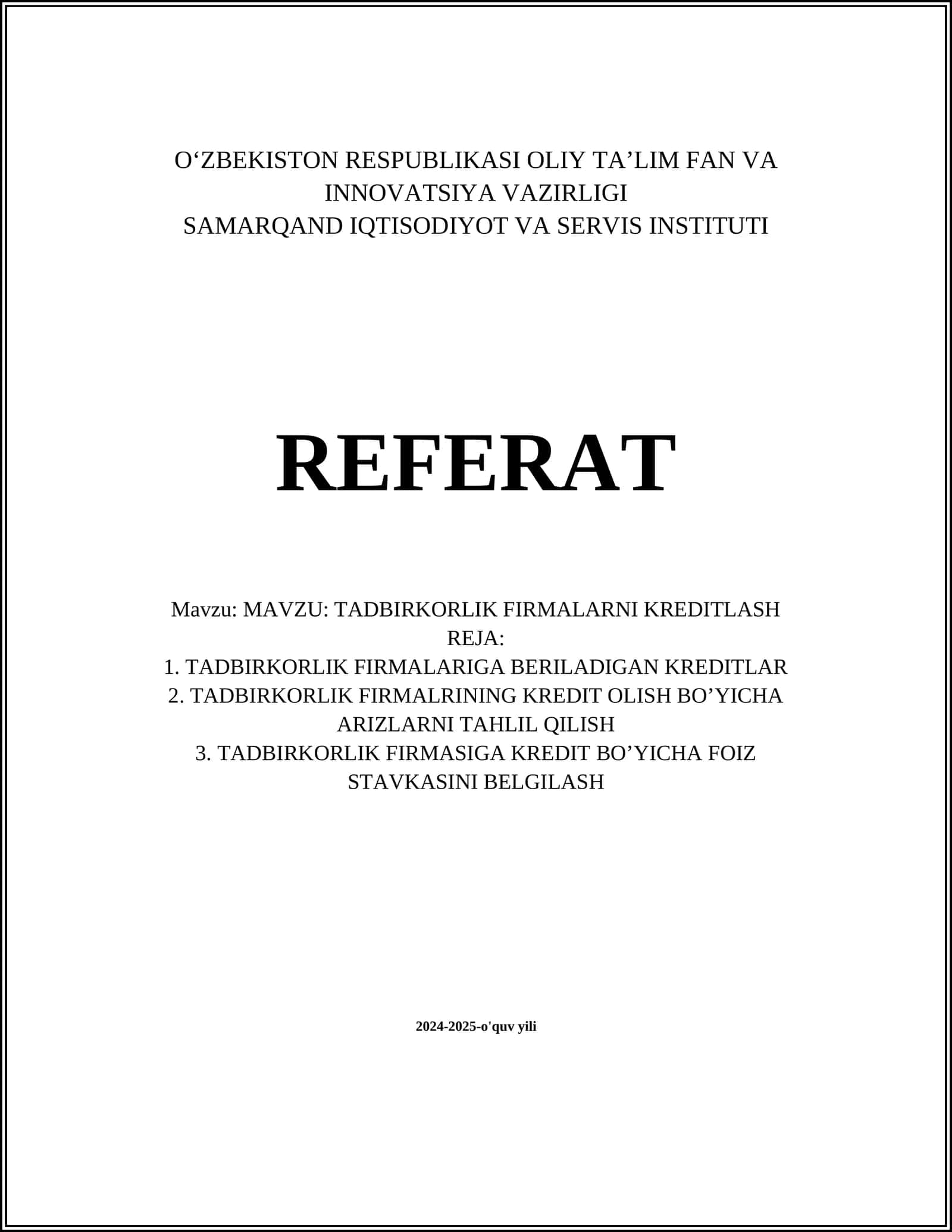 Tadbirkorlik firmalarini kreditlash 1