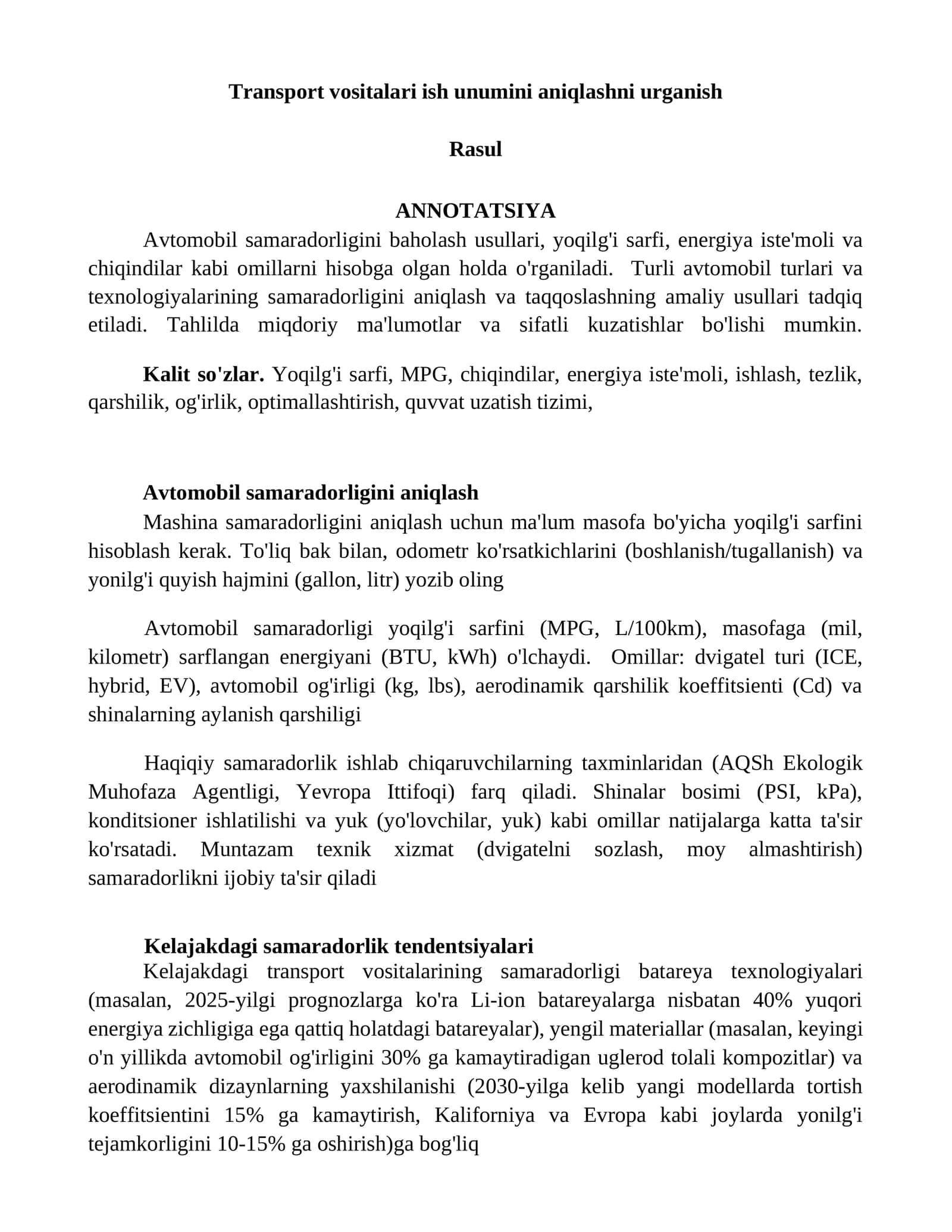 Avtomobil samaradorligini aniqlash 1