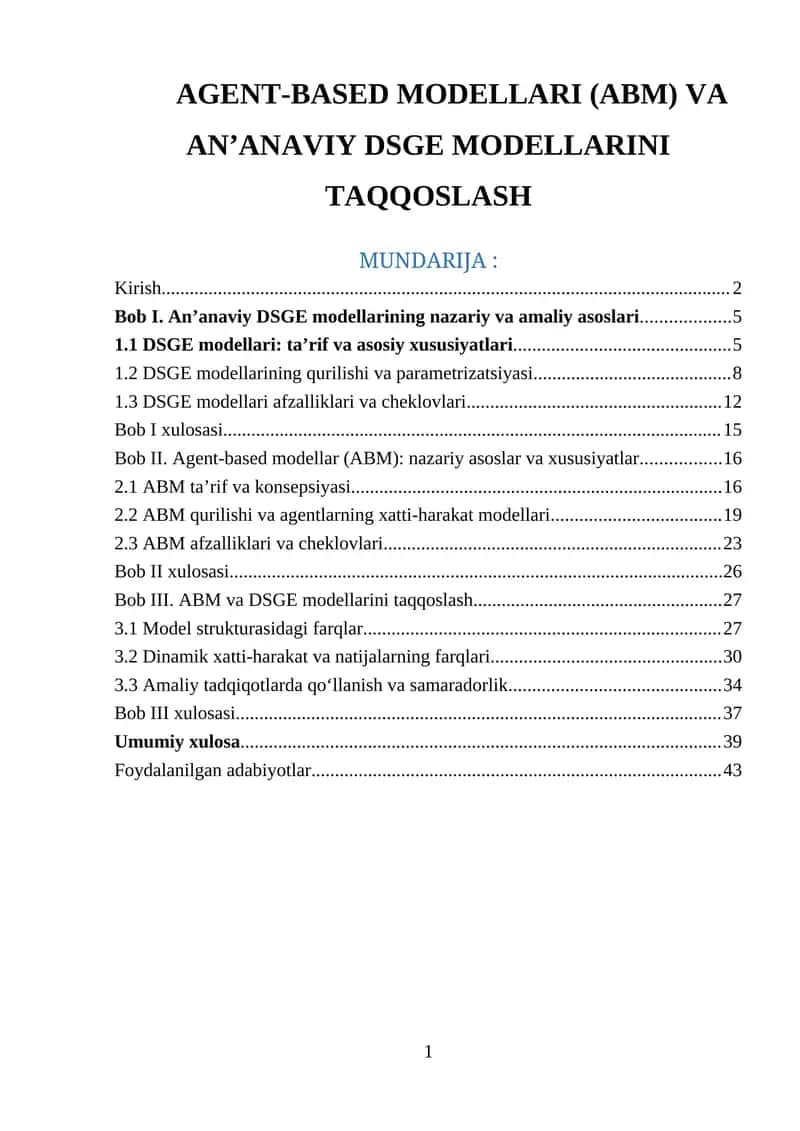 Agent-based modellar (ABM) va an’anaviy DSGE modellarini taqqoslash 1