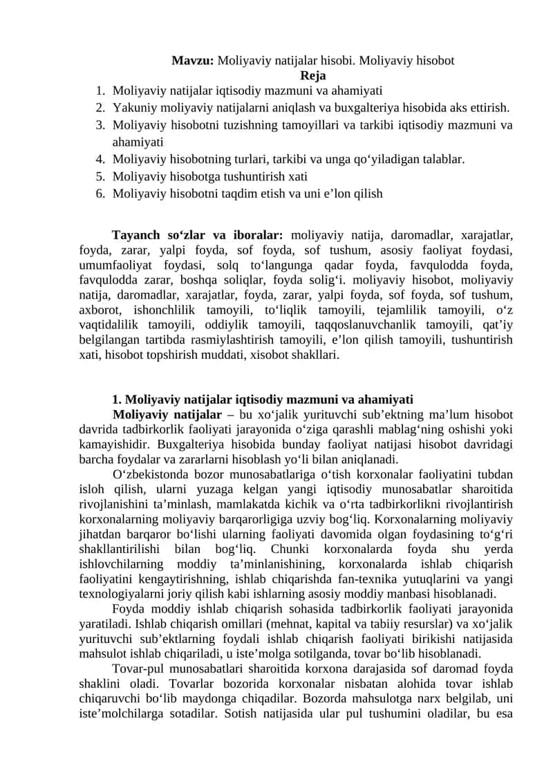 Moliyaviy natijalar hisobi. Moliyaviy hisobot 1