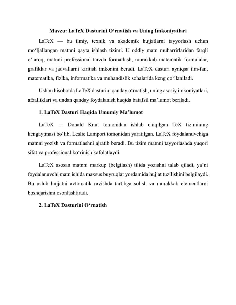 LaTeX Dasturini O‘rnatish va Uning Imkoniyatlari 1