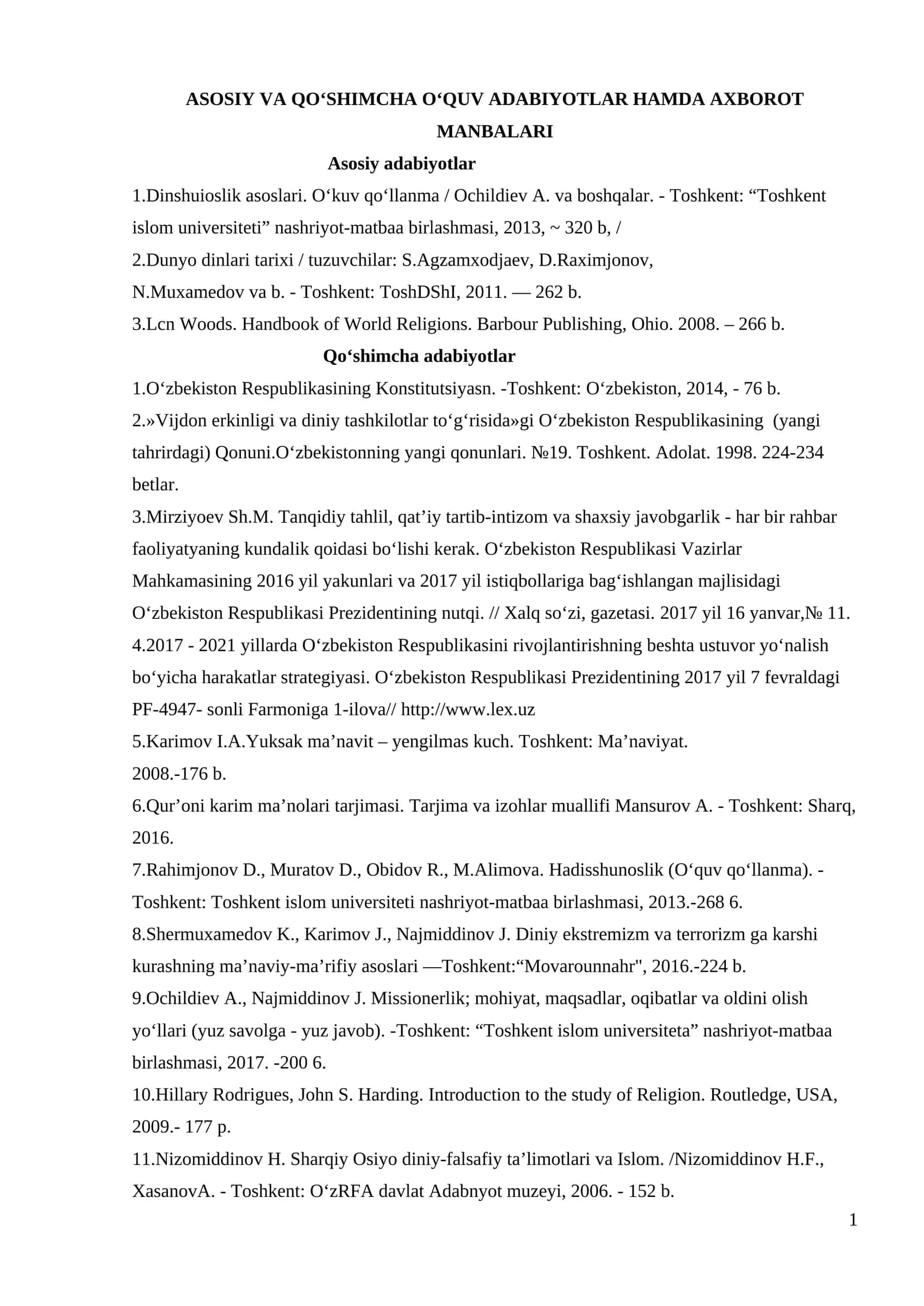 Asosiy va Qo‘shimcha O‘quv Adabiyotlar Hamda Axorot Manbalari 1