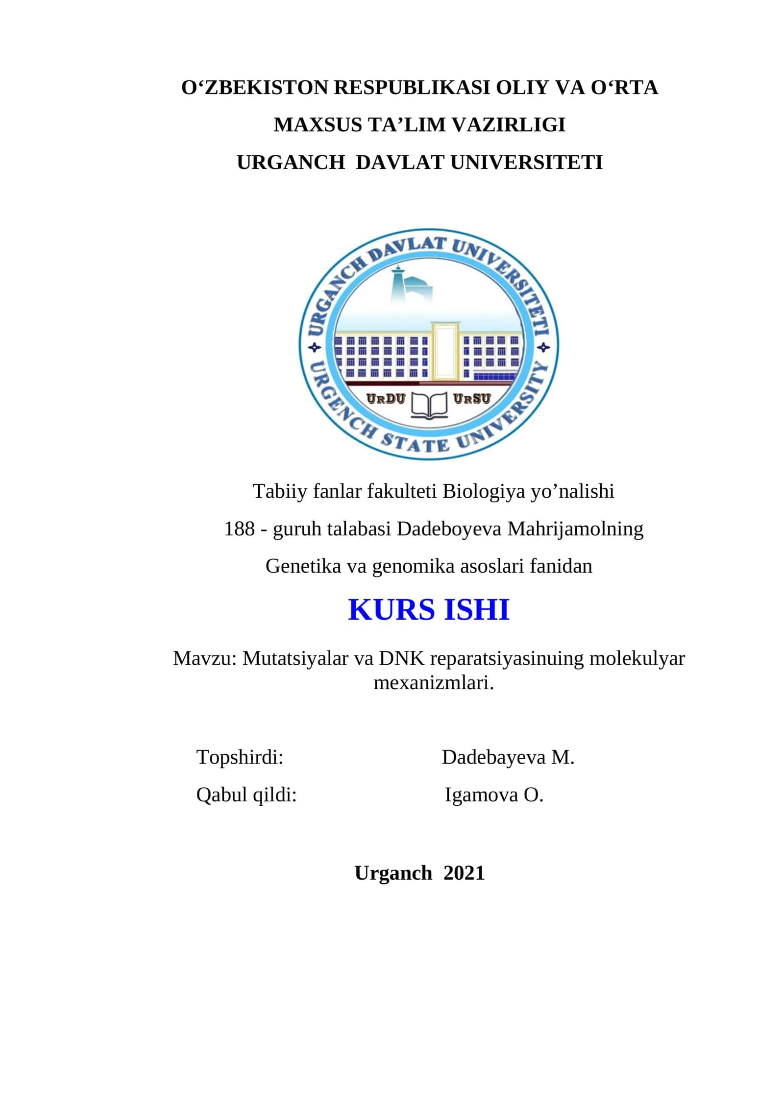 Mutatsiyalar va DNK reparatsiyasinuing molekulyar mexanizmlari 1