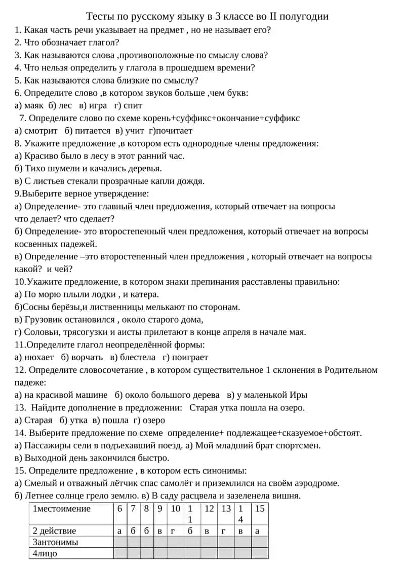 Тесты по русскому языку в 3 классе во II полугодии 1