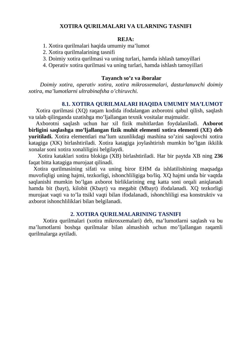 Xotira qurilmalari va ularning tasnifi 1