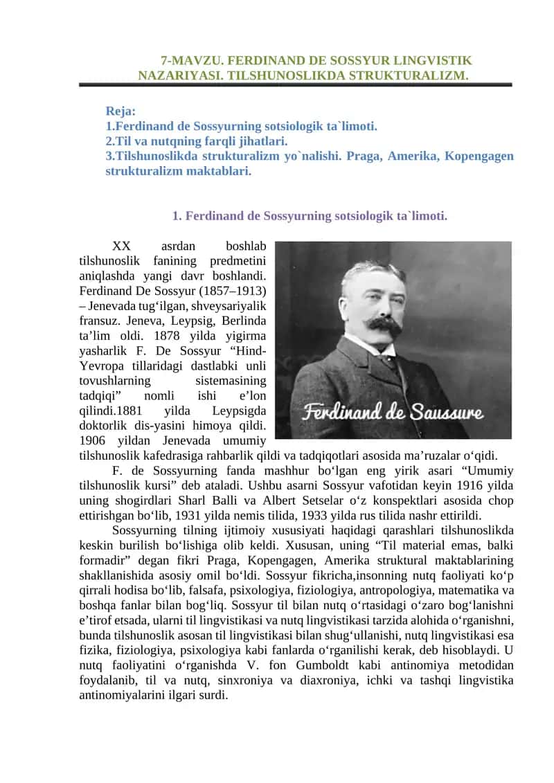 Ferdinand de Sossyur Linguistics Theory 1