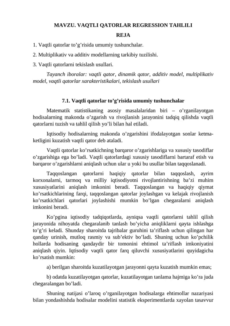 Vaqtli Qatorlar Regression Tahlili 1