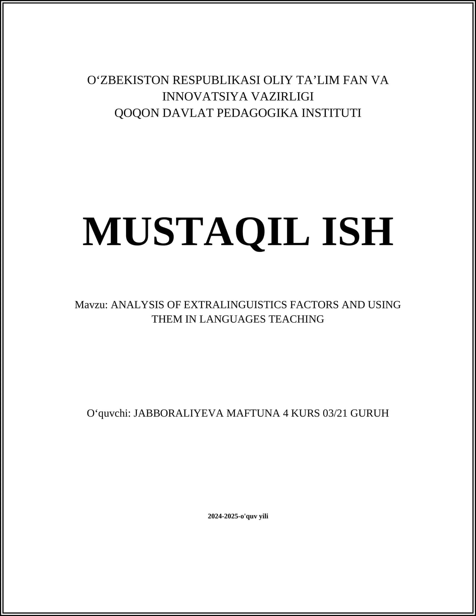 ANALYSIS OF EXTRALINGUISTICS FACTORS AND USING THEM IN LANGUAGES TEACHING 1