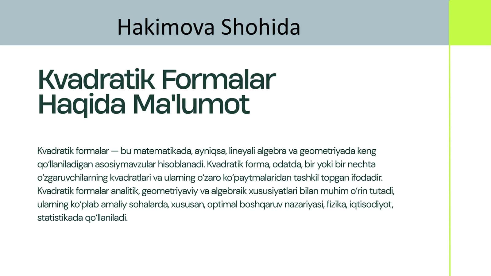 Kvadratik Formalar Haqida Ma'lumot 1