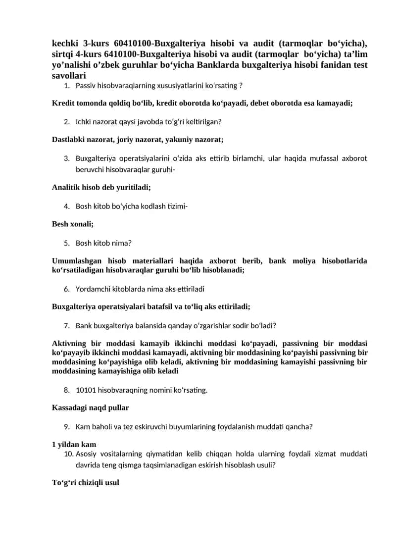 Banklarda Buxgalteriya hisobi testlar 1