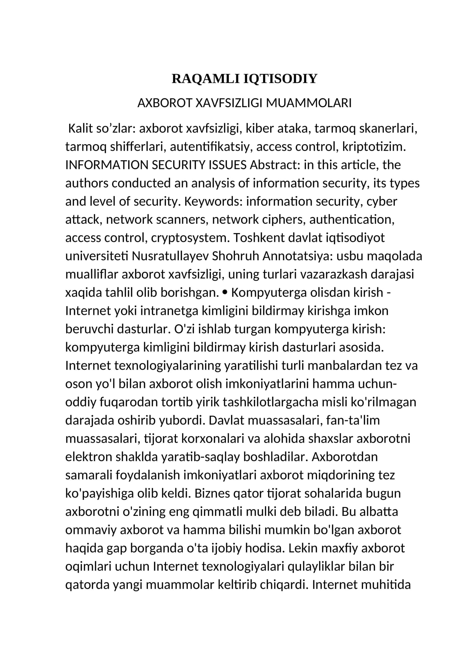 RAQAMLI IQTISODIY AXBOROT XAVFSIZLIGI MUAMMOLARI 1