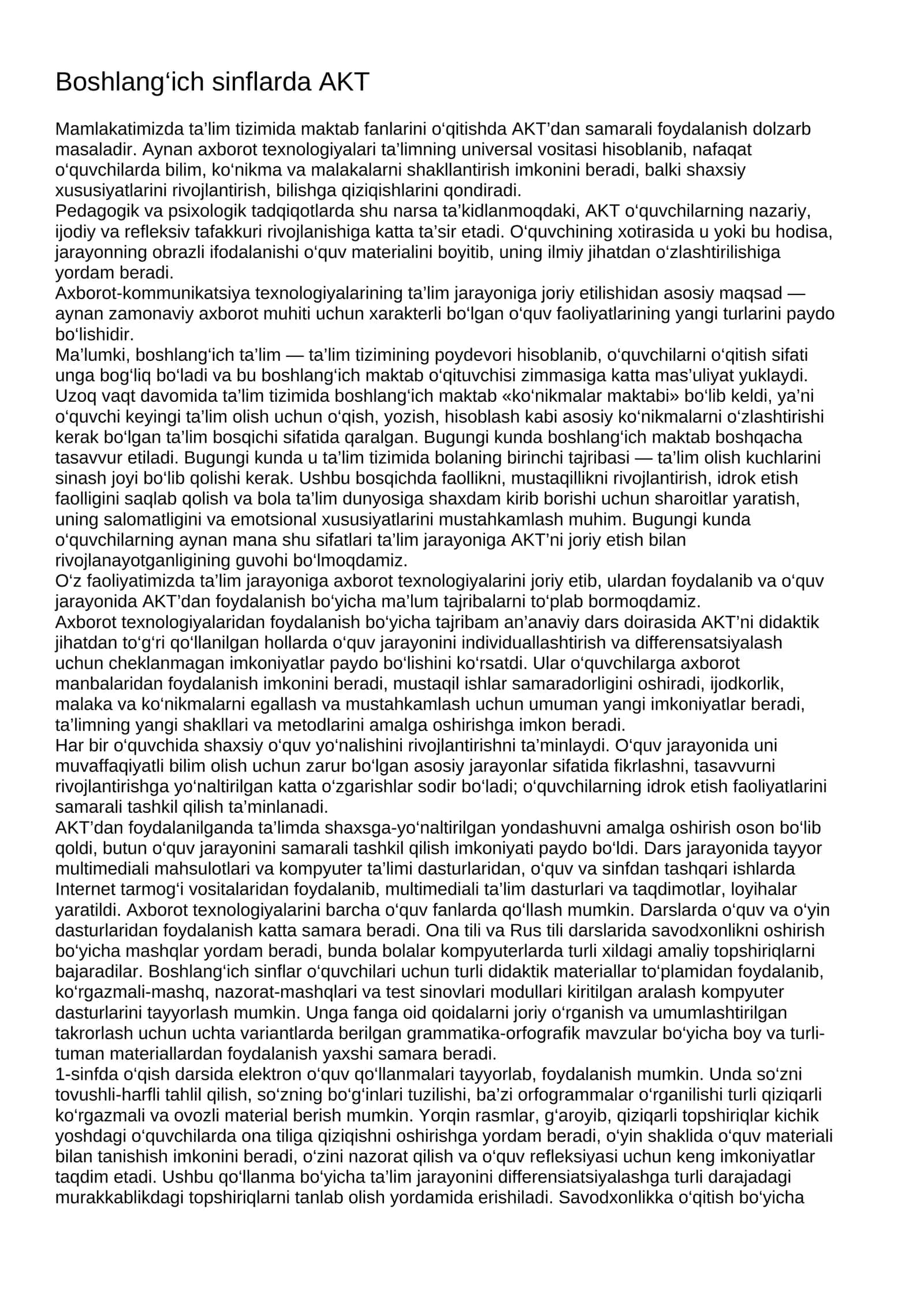 Boshlang‘ich sinflarda AKT 1