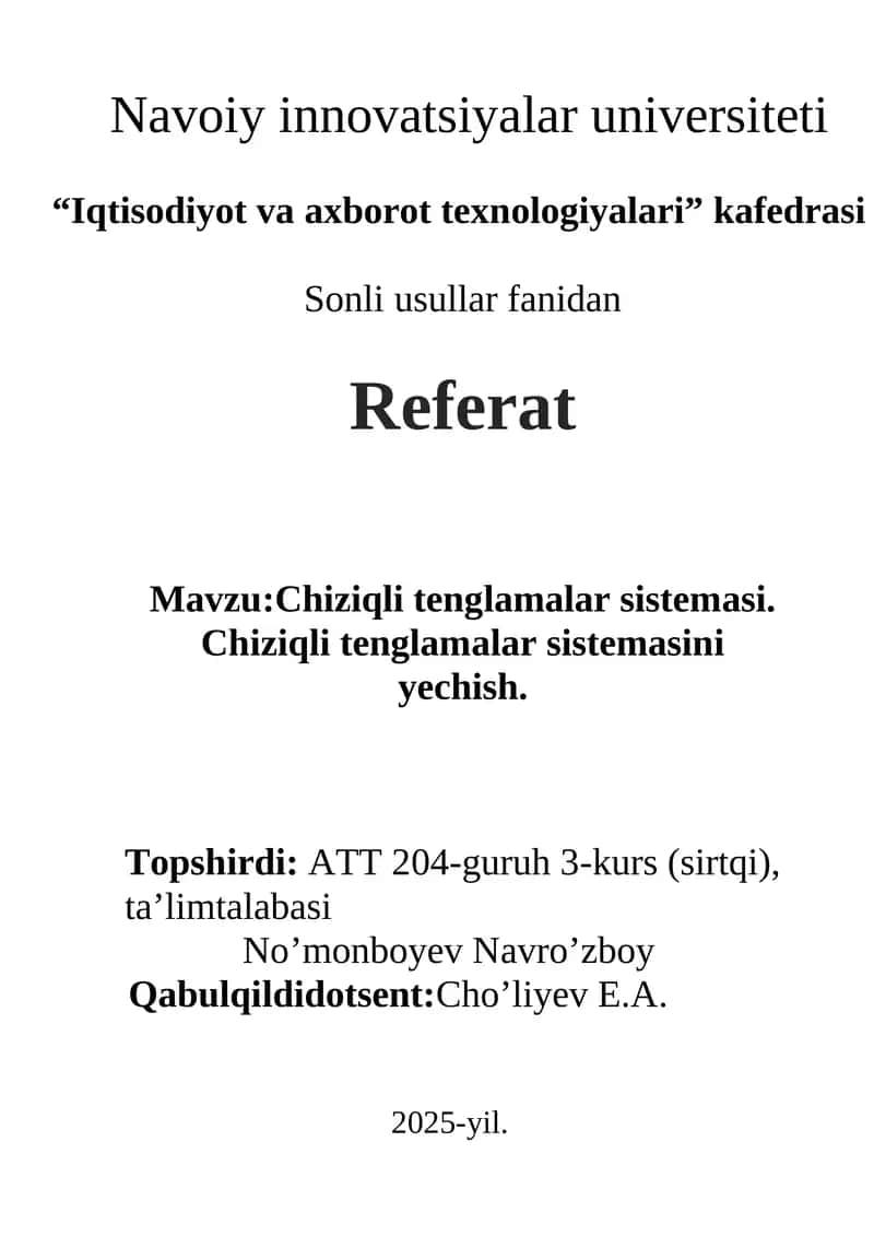 Chiziqli tenglamalar sistemasi referati 1