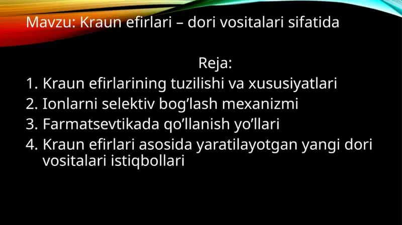 Kraun efirlari – dori vositalari sifatida 1