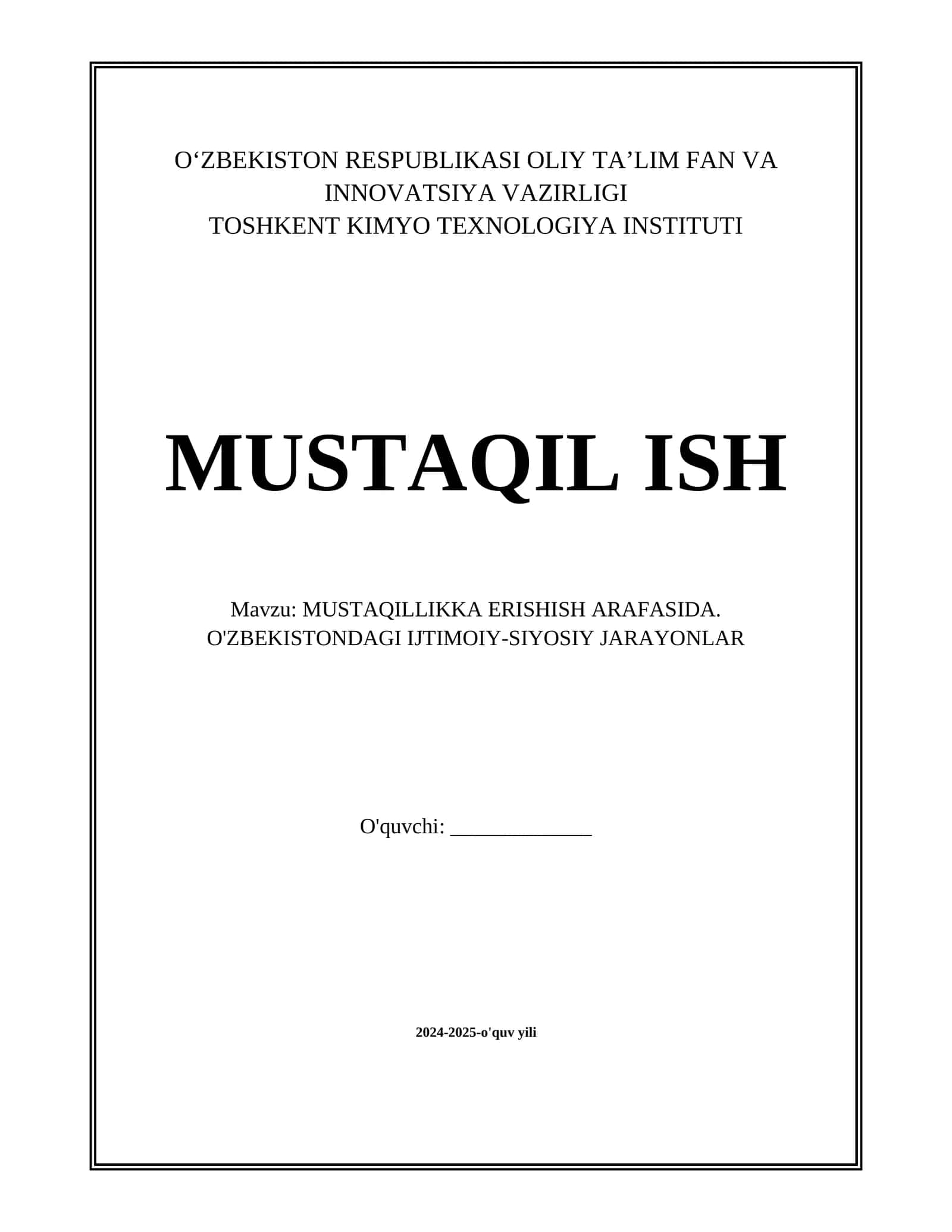 MUSTAQILLIKKA ERISHISH ARAFASIDA. O'ZBEKISTONDAGI IJTIMOIY-SIYOSIY JARAYONLAR 1