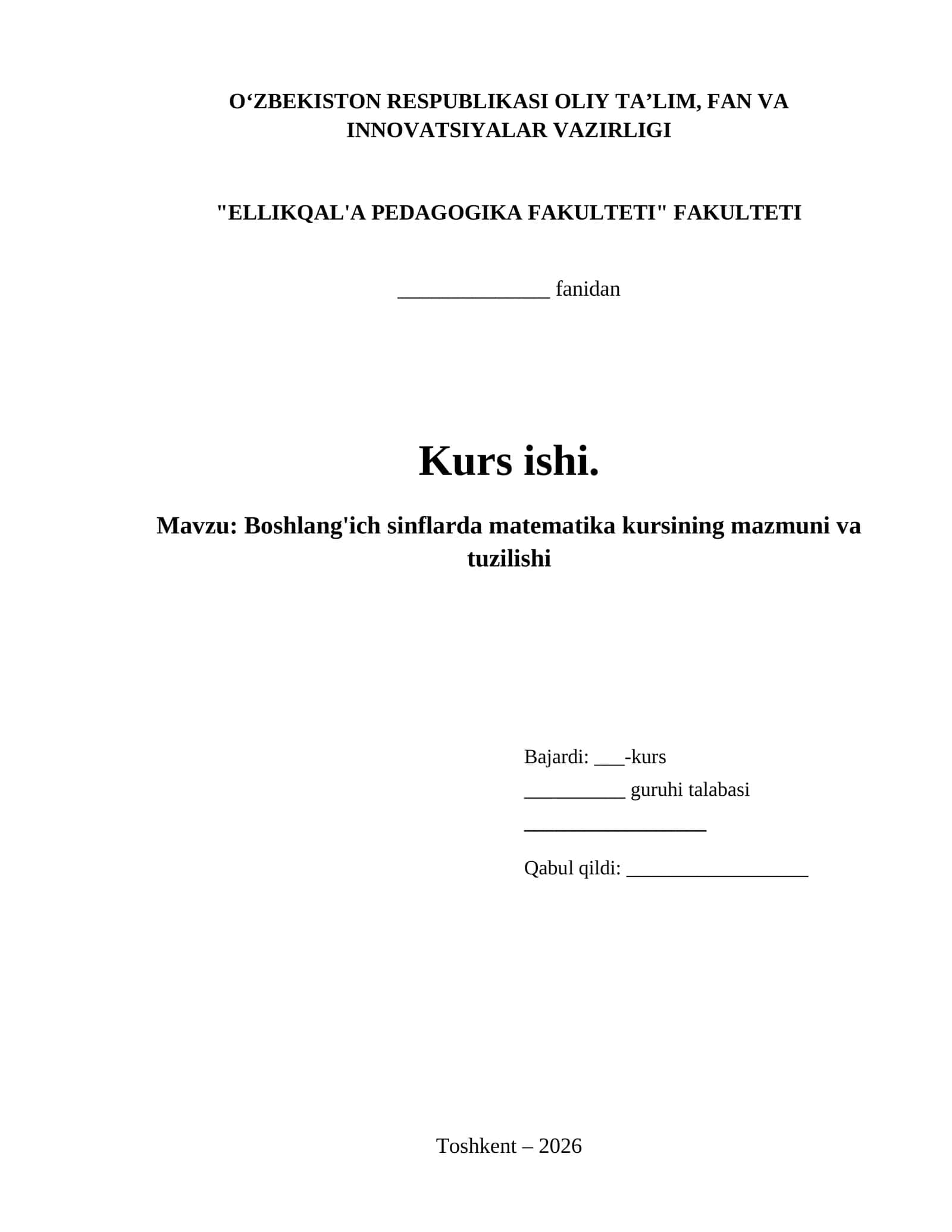 Boshlang'ich sinflarda matematika kursining mazmuni va tuzilishi 1