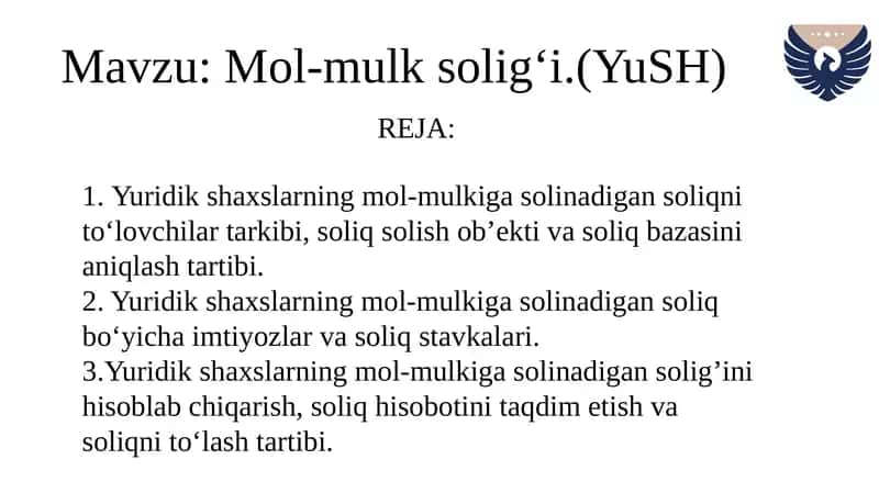 YURIDIK SHAXSLARDAN UNDIRILADIGAN MOL-MULK SOLIG'I 1