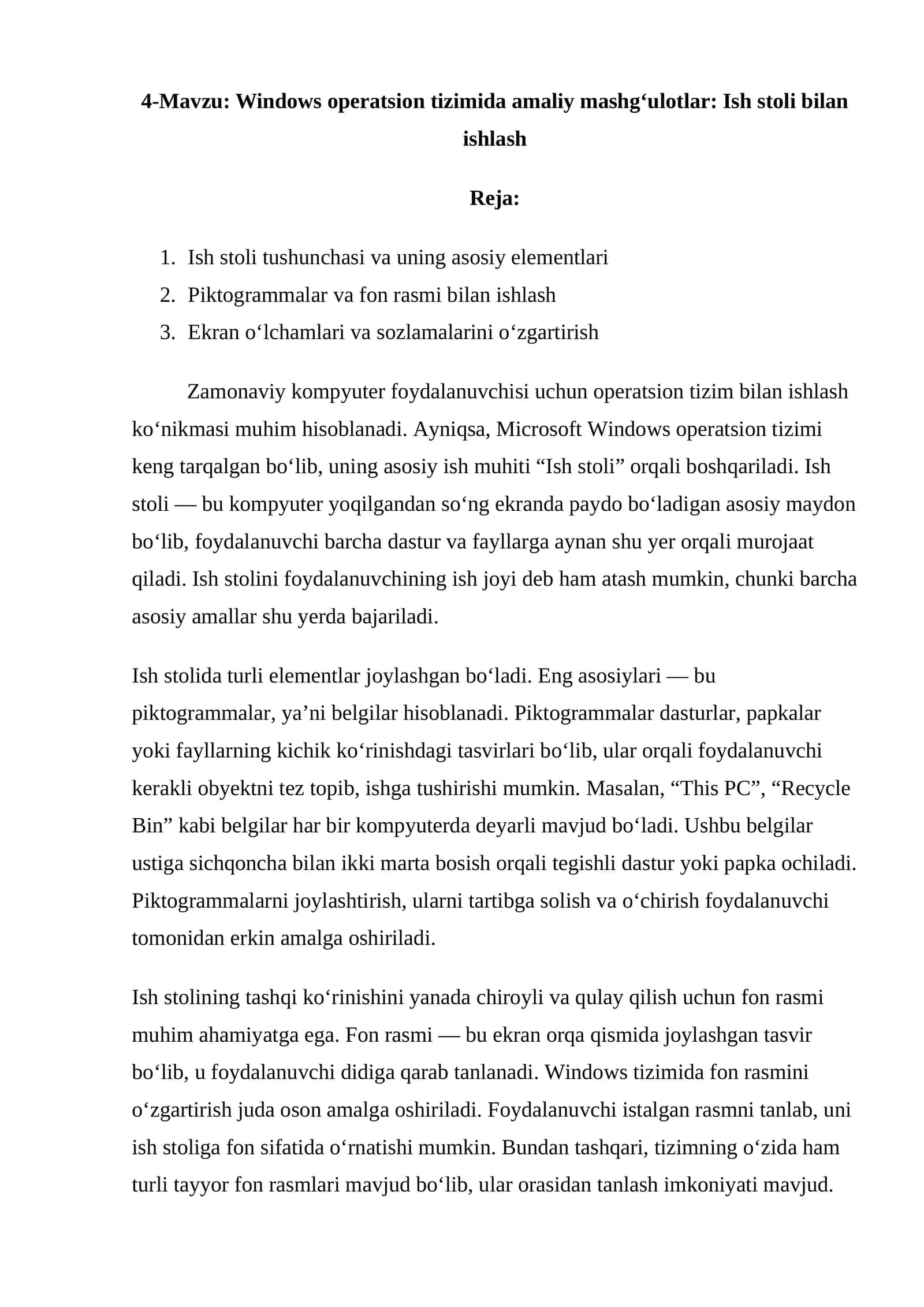Windows operatsion tizimida amaliy mashg‘ulotlar: Ish stoli bilan ishlash 1