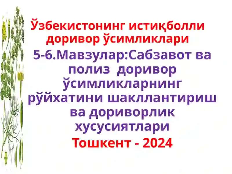 Сабзавот ва полиз доривор ўсимликларнинг рўйхати