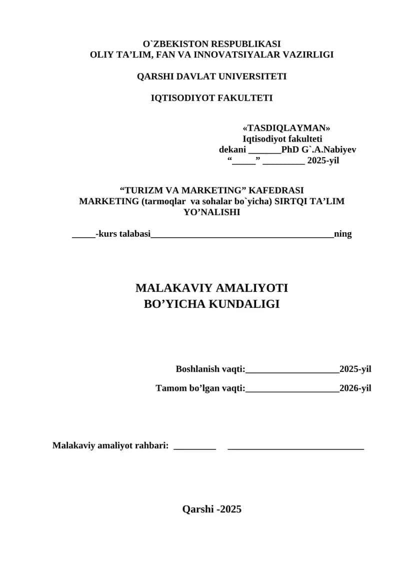 MALAKAVIY AMALIYOTI BO’YICHA KUNDALIGI 1