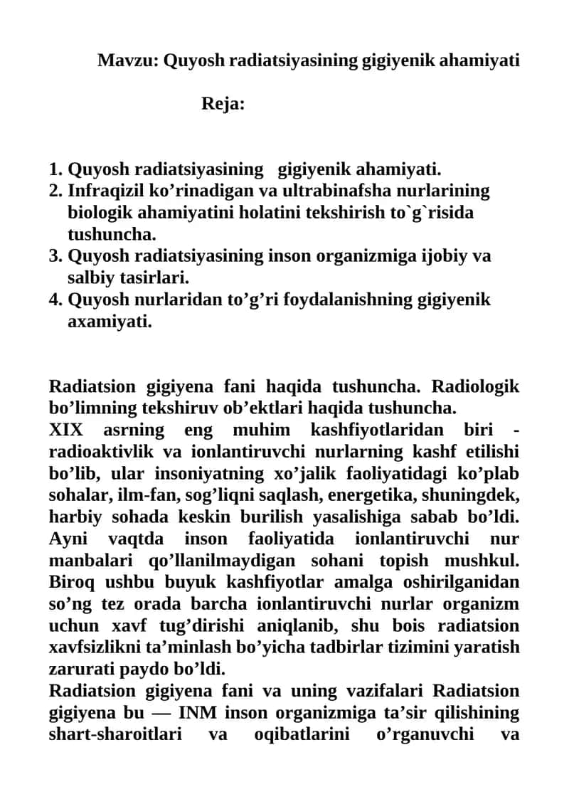 Quyosh radiatsiyasining gigiyenik ahamiyati 1