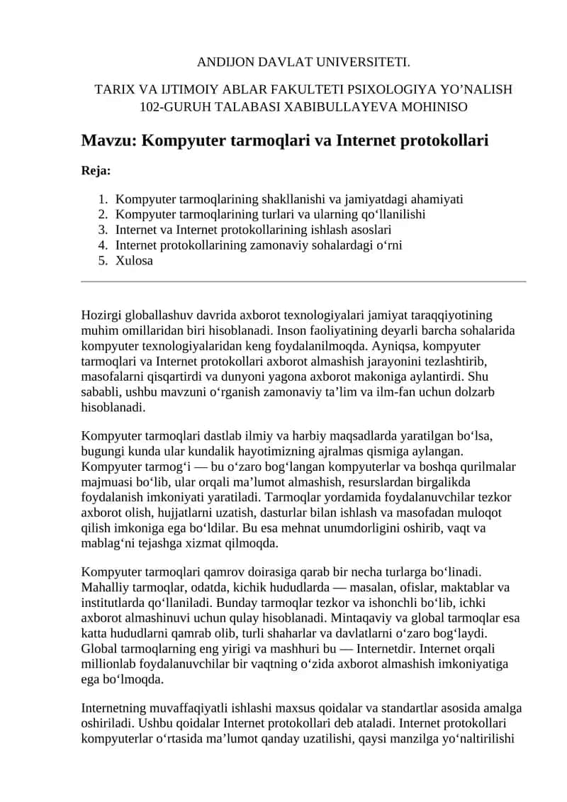 Kompyuter tarmoqlari va Internet protokollari 1
