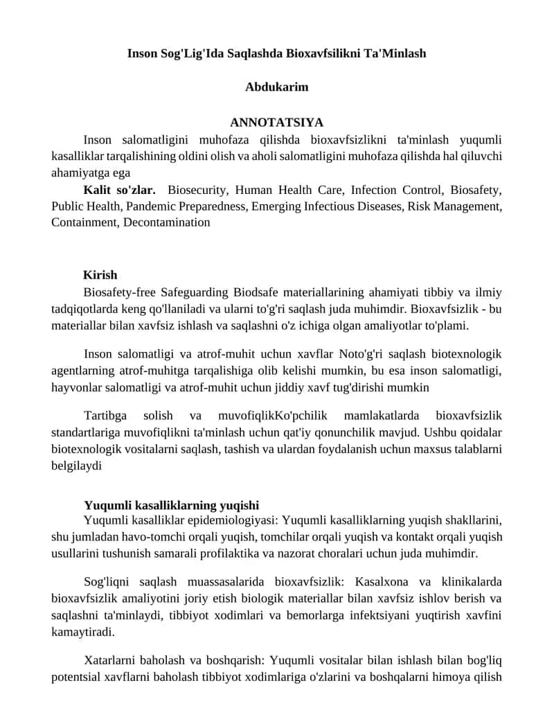 Inson Sog'Lig'Ida Saqlashda Bioxavfsilikni Ta'Minlash 1