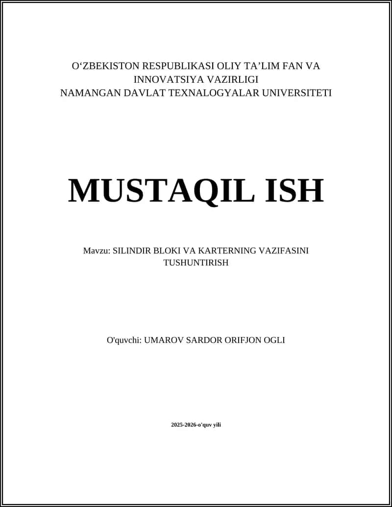 SILINDIR BLOKI VA KARTERNING VAZIFASINI TUSHUNTIRISH 1