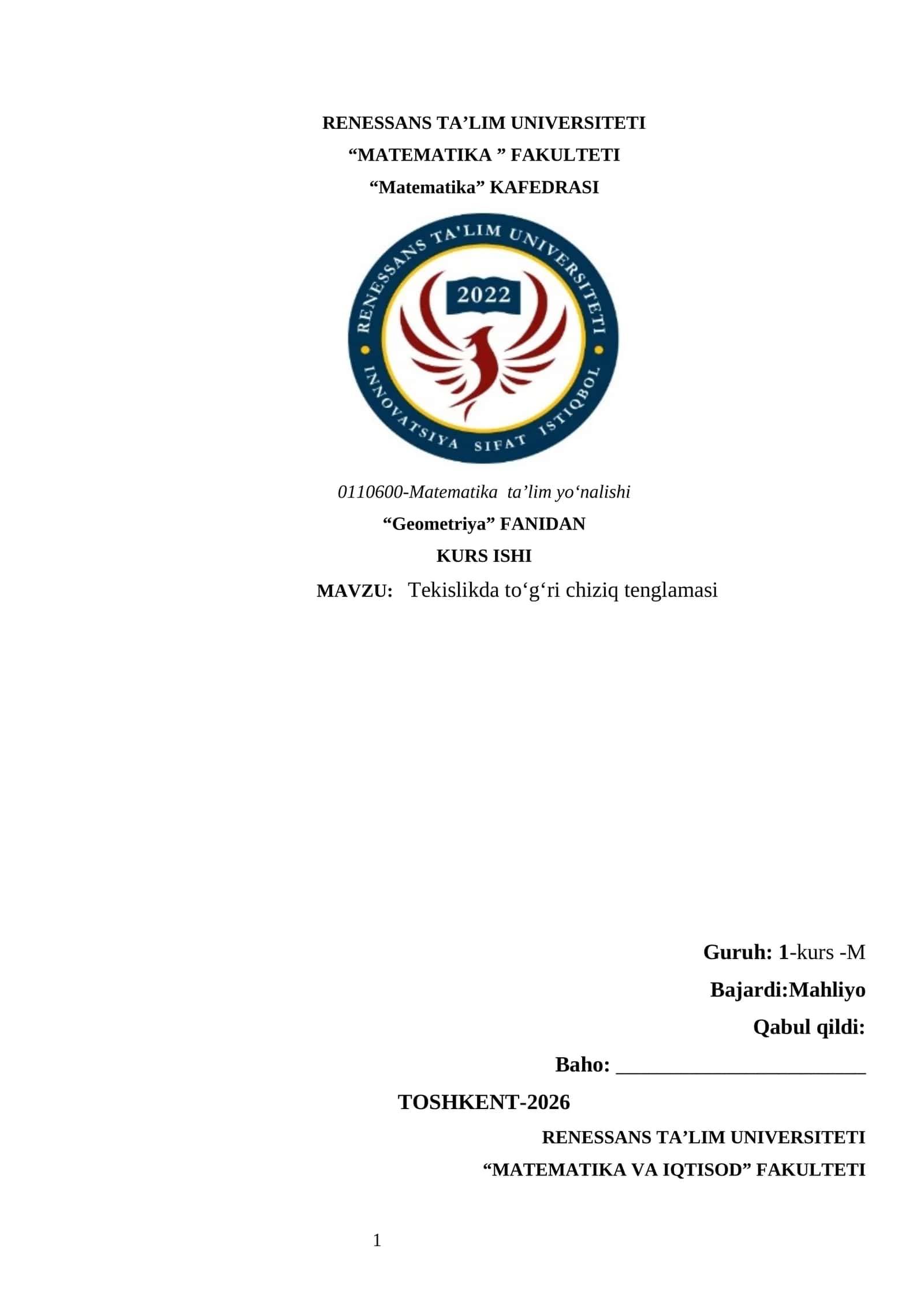 Tekislikda to'g'ri chiziq tenglamasi 1