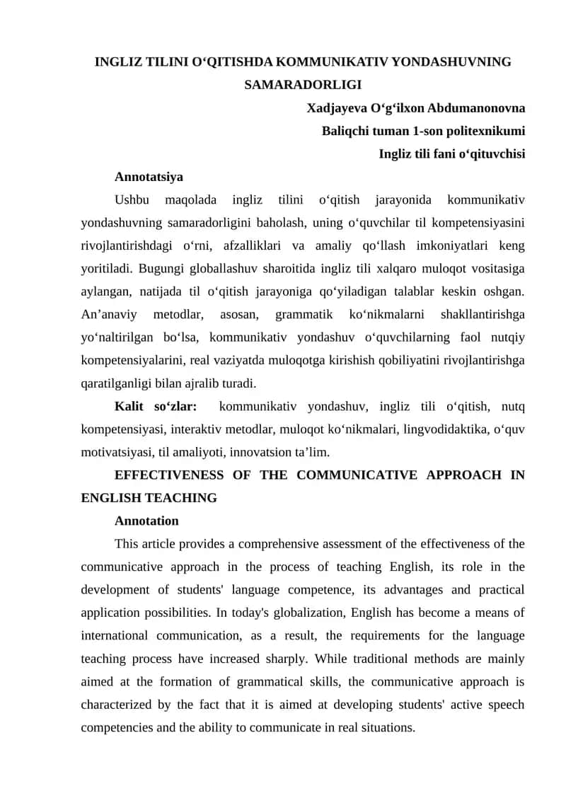 INGLIZ TILINI O‘QITISHDA KOMMUNIKATIV YONDASHUVNING SAMARADORLIGI 1