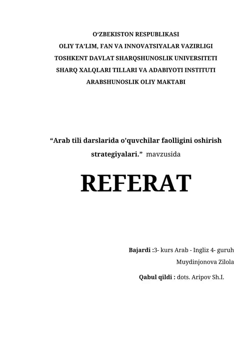 Arab tili darslarida o'quvchilar faolligini oshirish strategiyalari. 1