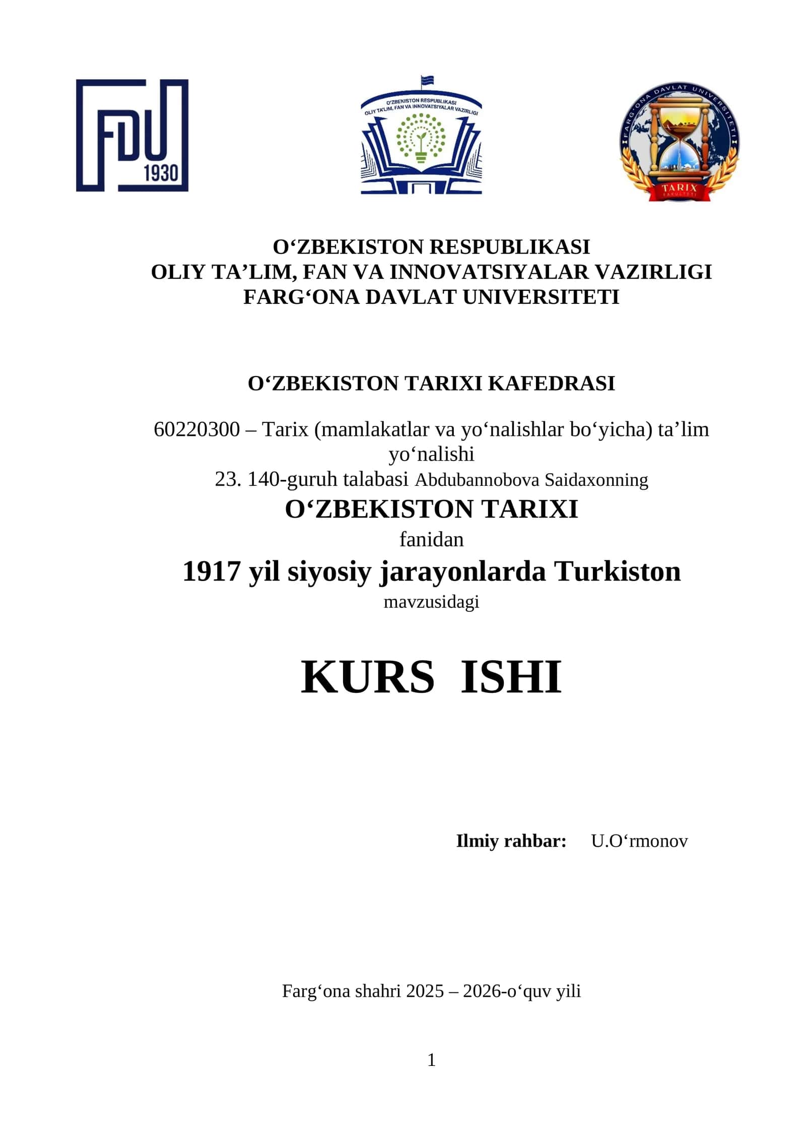 O‘ZBEKISTON TARIXI 1