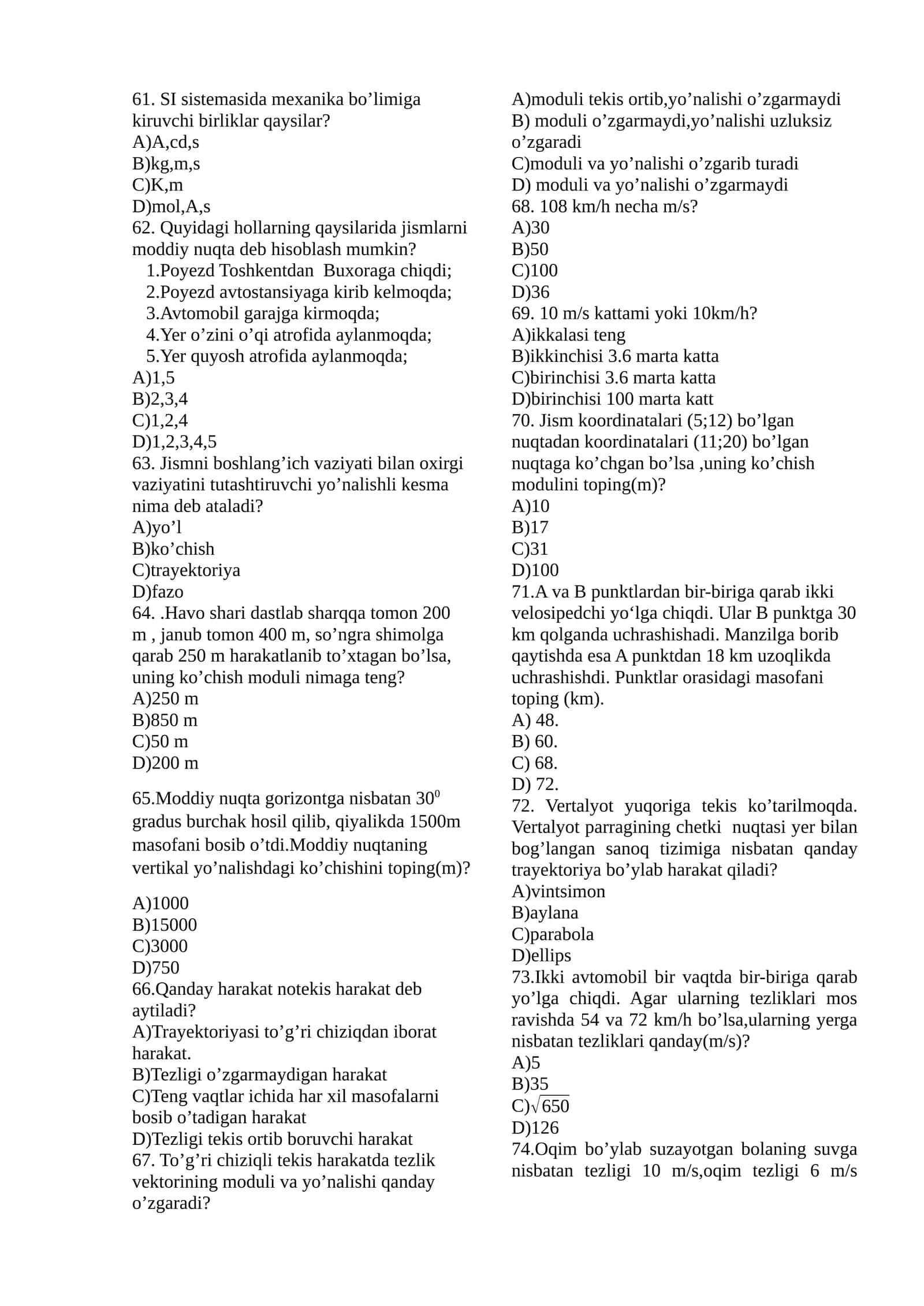 Fizika testlar 1
