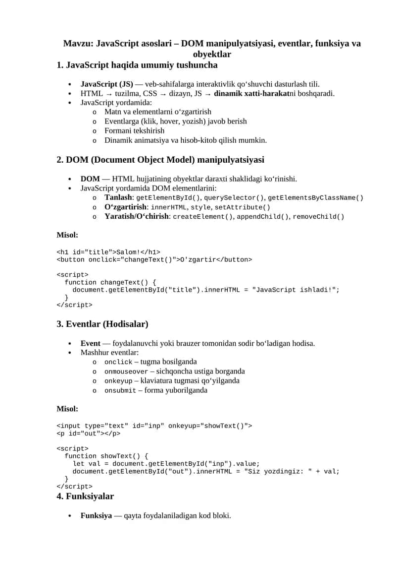 JavaScript asoslari – DOM manipulyatsiyasi, eventlar, funksiya va obyektlar 1