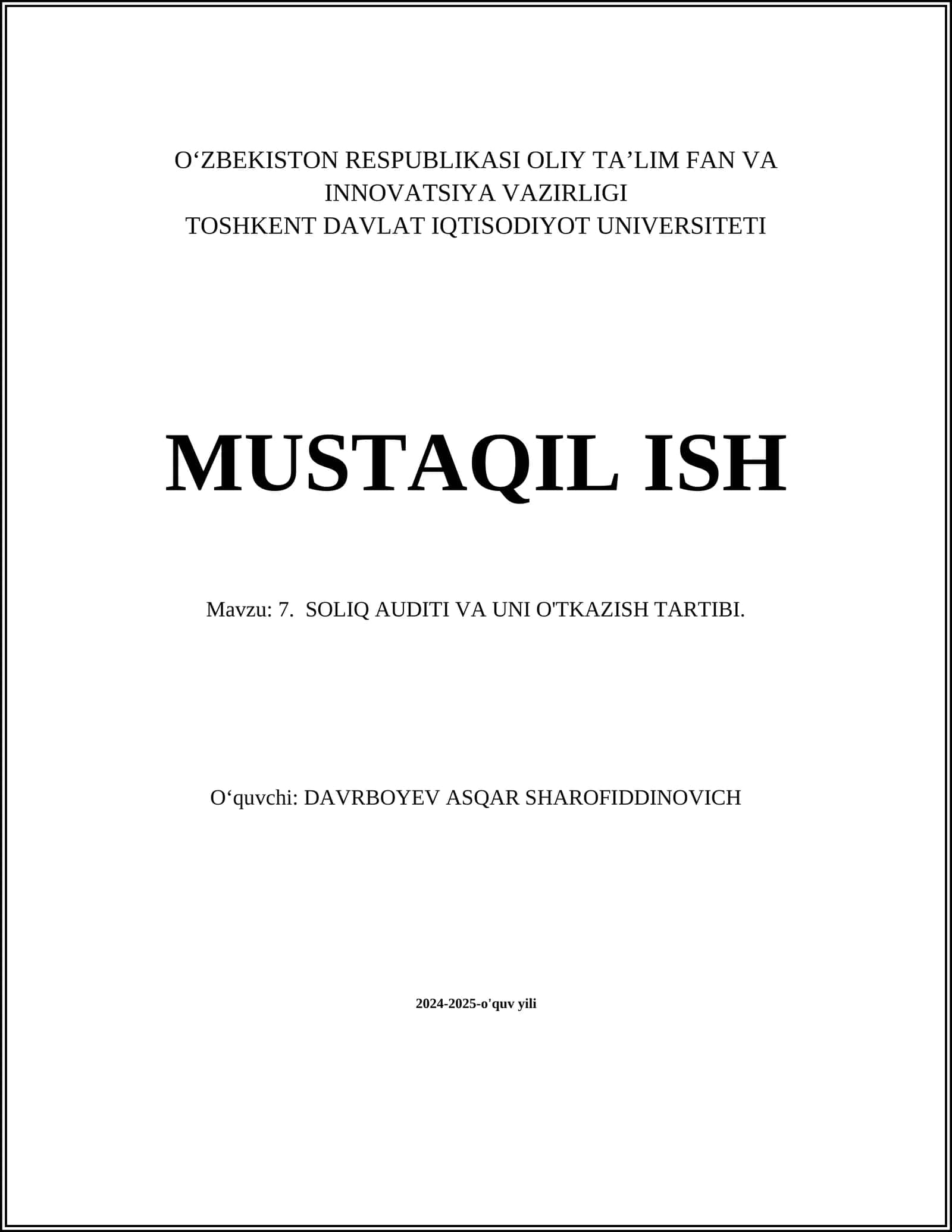 SOLIQ AUDITI VA UNI O'TKAZISH TARTIBI 1