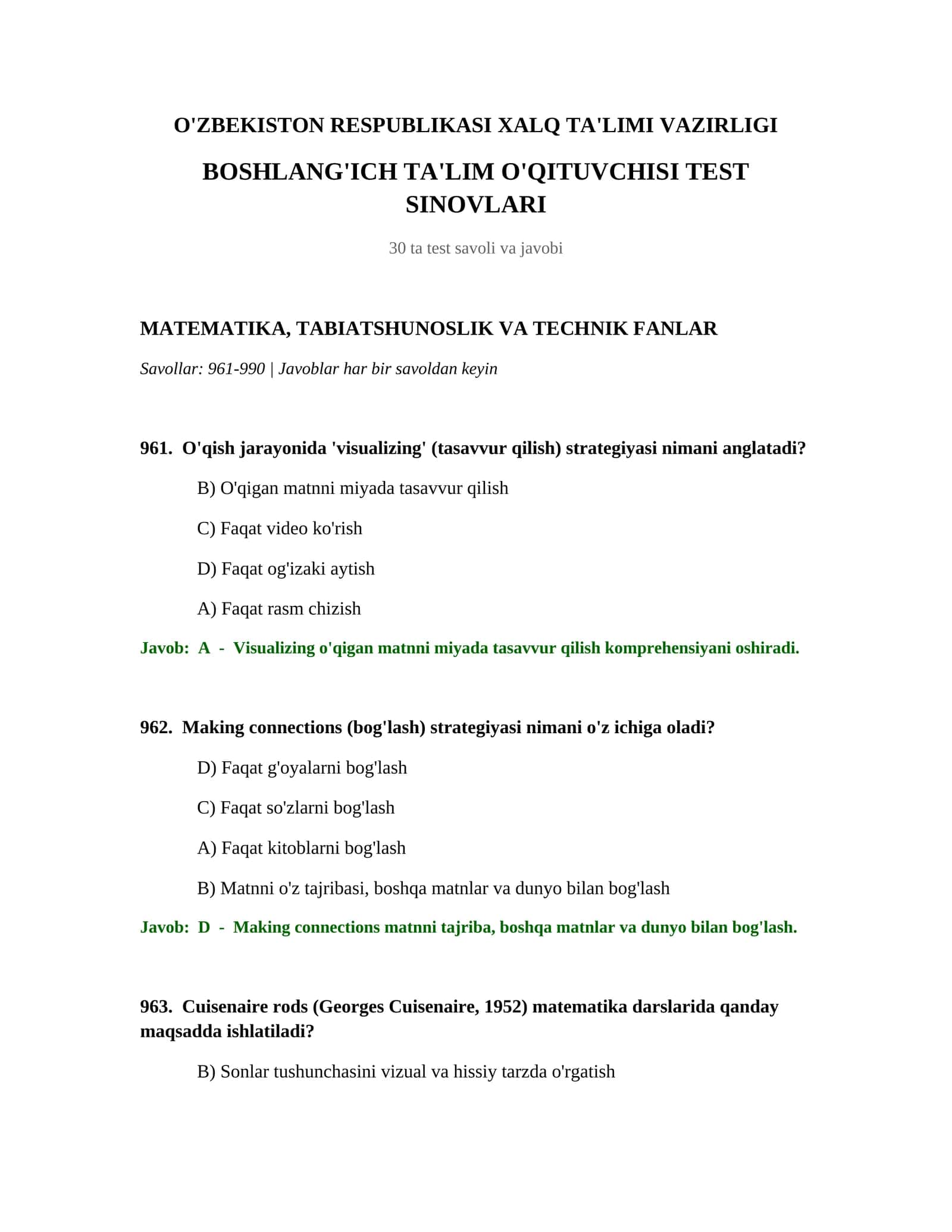 BOSHLANG'ICH TA'LIM O'QITUVCHISI TEST SINOVLARI 1