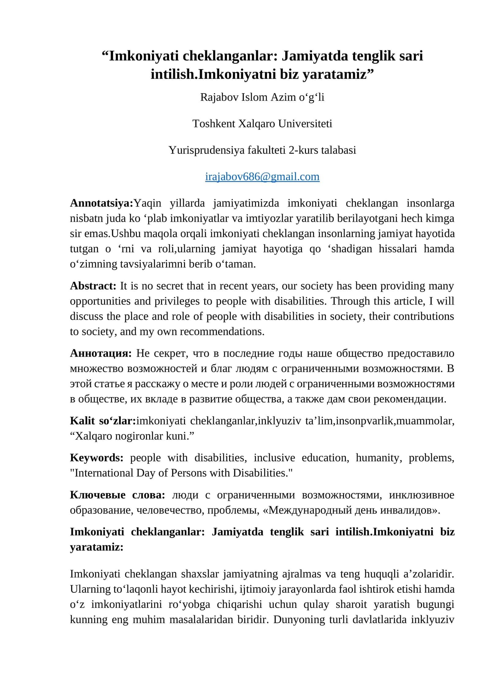 Imkoniyati cheklangan insonlar uchun-imkoniyatni biz yaratamiz 1