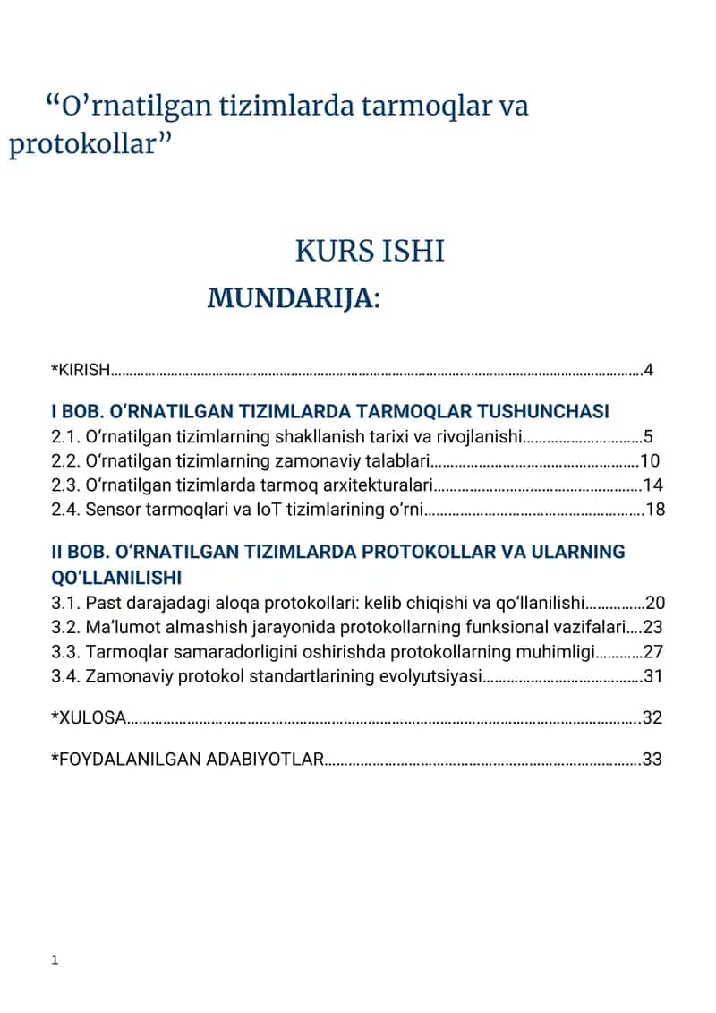 O'rnatilgan tizimlarda tarmoqlar va protokollar 1