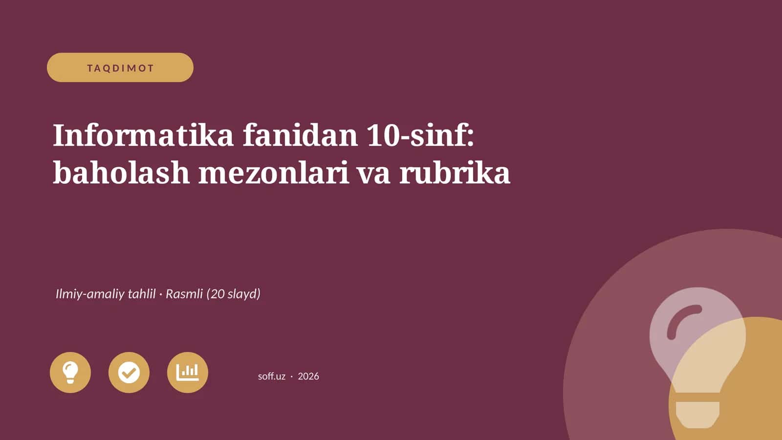 Informatika fanidan 10-sinf: baholash mezonlari va rubrika 1