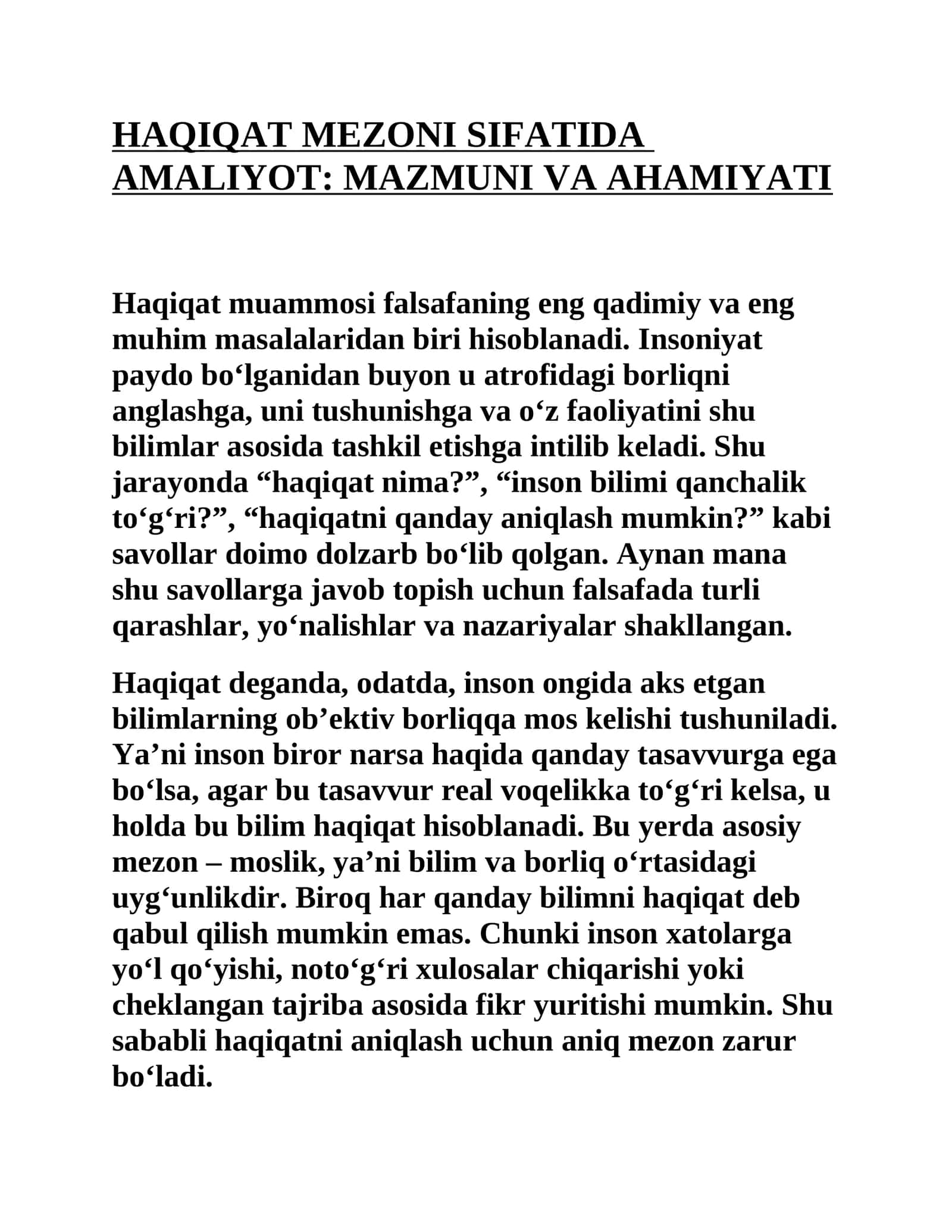 HAQIQAT MEZONI SIFATIDA AMALIYOT: MAZMUNI VA AHAMIYATI 1