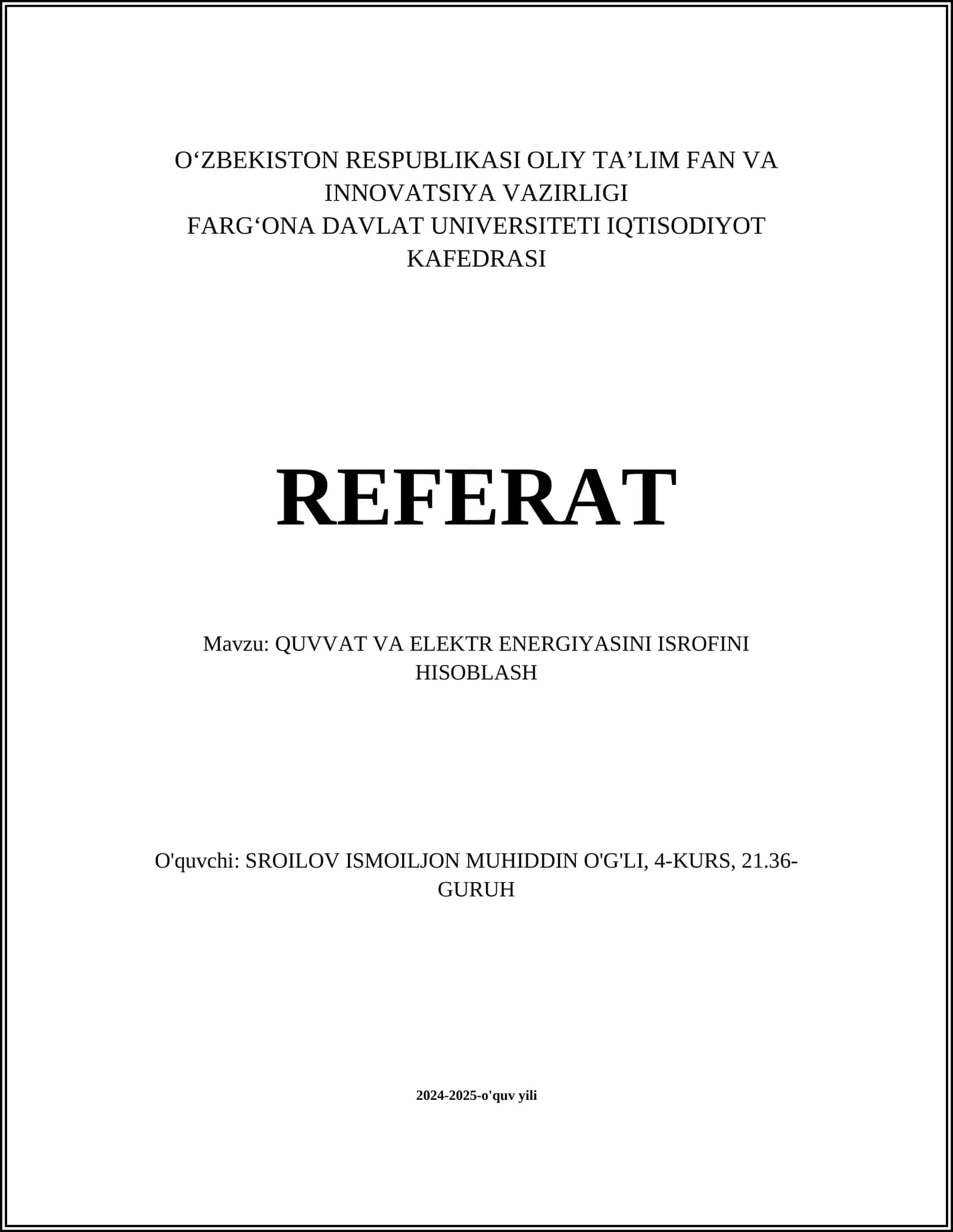 QUVVAT VA ELEKTR ENERGIYASINI ISROFINI HISOBLASH 1