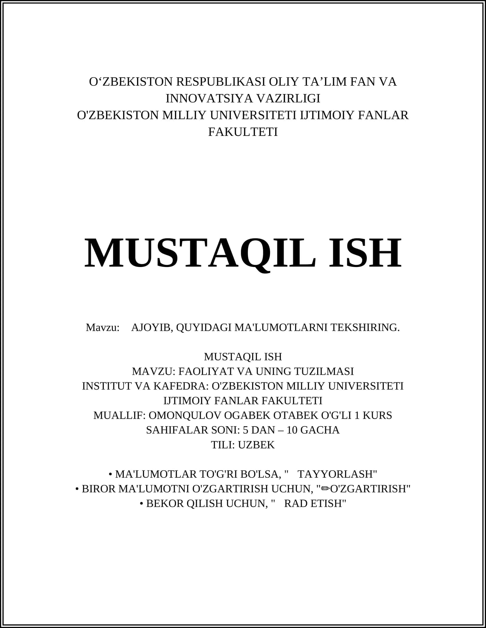 AJOYIB, QUYIDAGI MA'LUMOTLARNI TEKSHIRING 1
