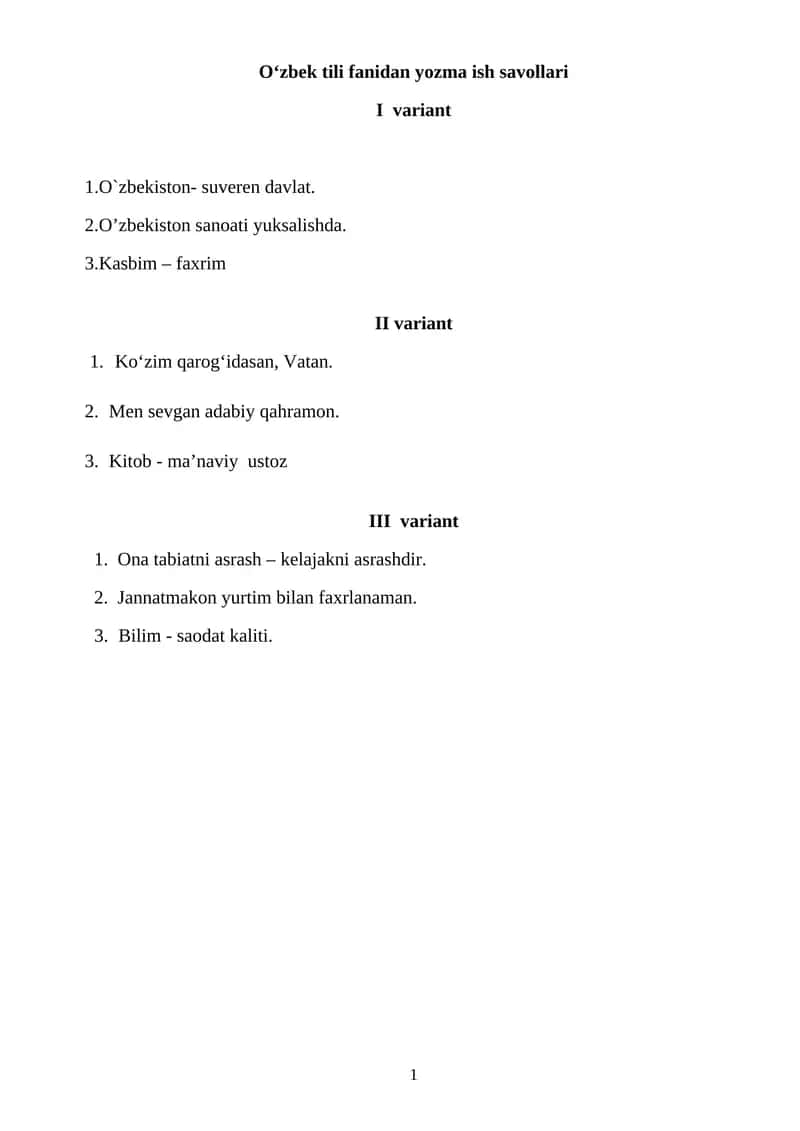 O‘zbek tili fanidan yozma ish savollari 1