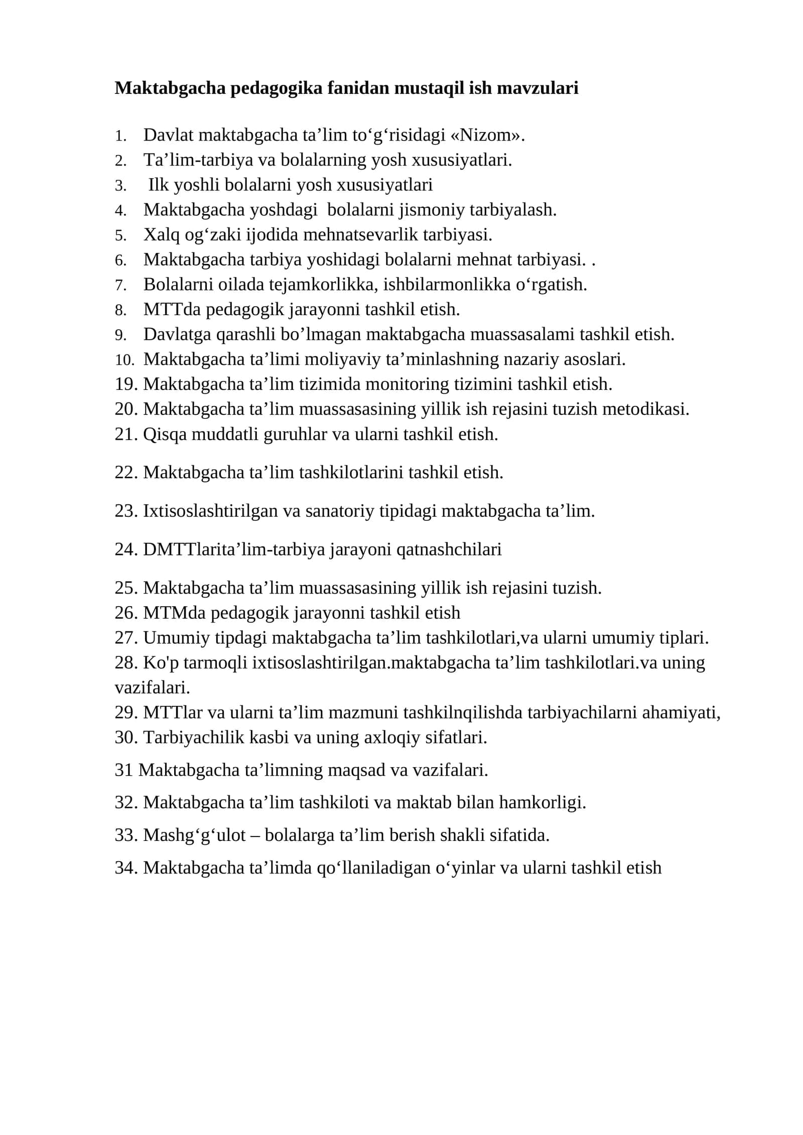 Maktabgacha pedagogika fanidan mustaqil ish mavzulari 1