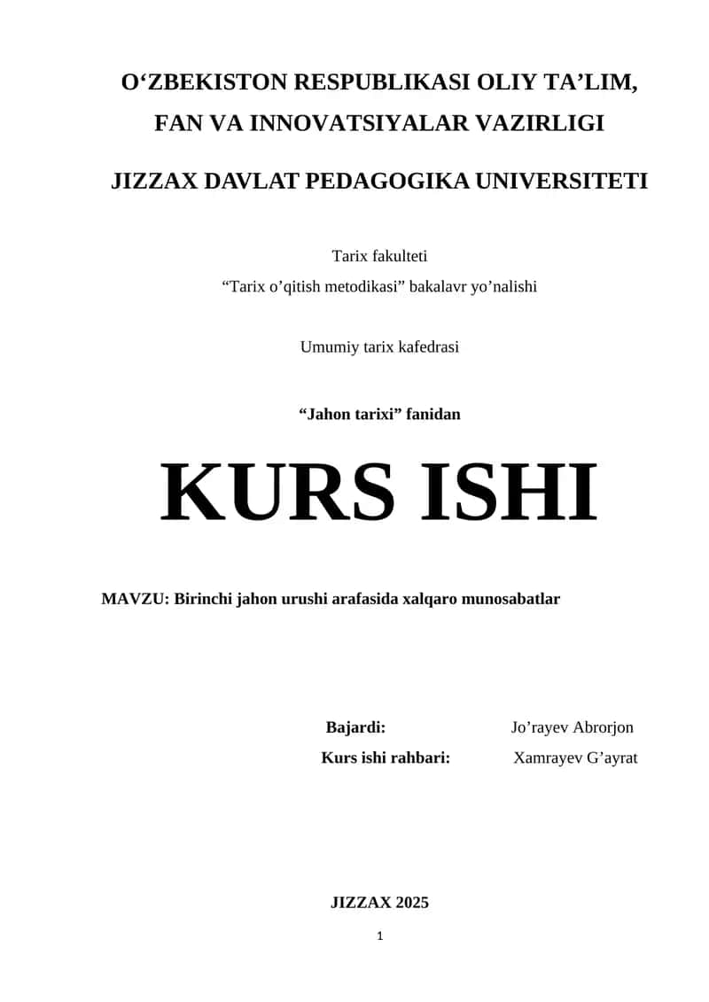 Birinchi jahon urushi arafasida xalqaro munosabatlar 1